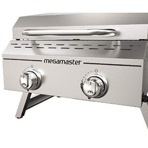 Megamaster Premium Outdoor Cooking 2-Burner Grill, Outdoor Cooking While Camping, Outdoor Kitchen, Patio Garden, Barbecue with Two Foldable legs, Silver in Stainless Steel