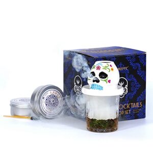 tmkeffc cocktail smoketop kit in colorful skull design, smoker top with wood chips, smoked drinks wine whiskey bourbon old fashioned smoking tools