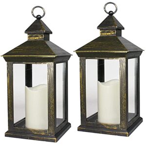 bright zeal 2-pack 14" distressed gold waterproof outdoor lanterns with led candles - outdoor battery operated hanging lanterns with timer - candle lanterns decorative indoor led candle lantern set