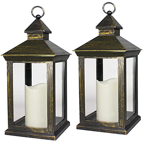 Bright Zeal 2-Pack 14" Distressed Gold Waterproof Outdoor Lanterns with LED Candles - Outdoor Battery Operated Hanging Lanterns with Timer - Candle Lanterns Decorative Indoor LED Candle Lantern Set