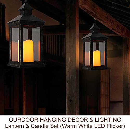 Bright Zeal 2-Pack 14" Distressed Gold Waterproof Outdoor Lanterns with LED Candles - Outdoor Battery Operated Hanging Lanterns with Timer - Candle Lanterns Decorative Indoor LED Candle Lantern Set