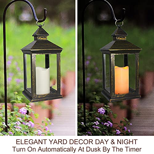 Bright Zeal 2-Pack 14" Distressed Gold Waterproof Outdoor Lanterns with LED Candles - Outdoor Battery Operated Hanging Lanterns with Timer - Candle Lanterns Decorative Indoor LED Candle Lantern Set