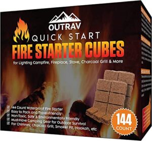 outrav fire starter cubes, 144ct charcoal firestarter squares for lighting fireplace, wood stove, grill, campfire, bbq smoker pit – mini nontoxic waterproof fire starting bricks for camping, survival