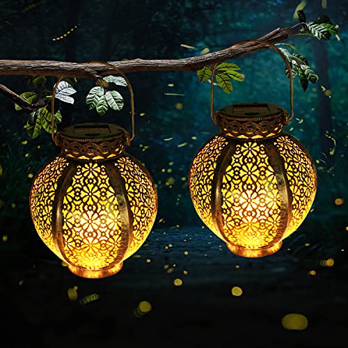 ZC GEL Solar Lanterns Outdoor Waterproof 2 Pack, Hanging Solar Lights Metal Retro Solar Lantern Outdoor Decorative for Garden, Patio, Courtyard, Party