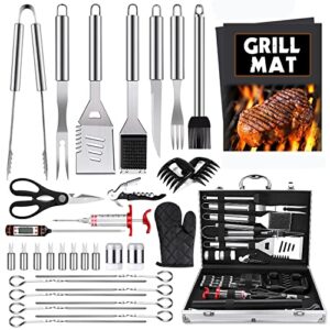 bbq grill accessories tools set, 36pcs stainless steel grilling barbecue tool sets kit with aluminum case, thermometer, 2 grill mats for camping, kitchen, barbecue utensil for men women