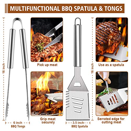 BBQ Grill Accessories Tools Set, 36PCS Stainless Steel Grilling Barbecue Tool Sets Kit with Aluminum Case, Thermometer, 2 Grill Mats for Camping, Kitchen, Barbecue Utensil for Men Women