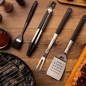 GRILLHOGS Heavy Duty BBQ Grilling Tool Set, Premium Soft Grip Tongs, Spatula with Bottle Opener and Serrated Edge, Barbecue Meat Fork, Stainless Steel Basting Brush, Premium BBQ Utensils Set (4 Piece)