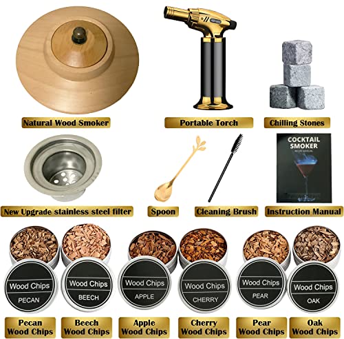 Cocktail Smoker Kit with Torch, Old Fashioned Smoker Kit with 6 Flavors Wood Chips, Bourbon Smoker Kit, Drink Smoker Infuser Kit, Aged and Charred Cocktail Smoker Kit Awesome Gift for Men (No Butane）