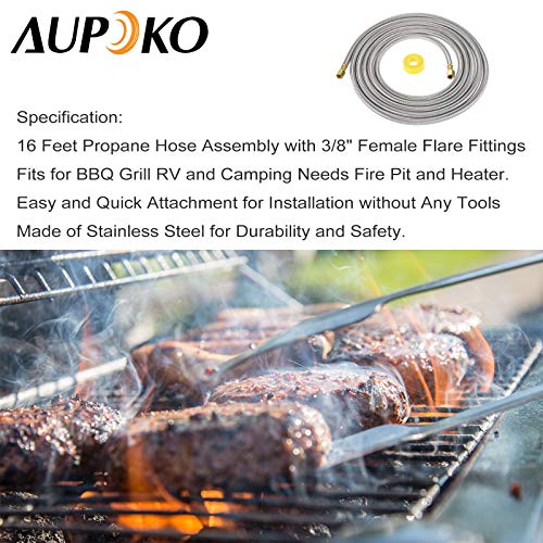 Aupoko Propane Line Stainless Extension Hose, 16 Feet Stainless Propane Hose Assembly with 3/8" Female Flare Fittings, Fits for RV, Gas Grill, Fire Pit, Heater and More, with Gas Line Pipe Thread Tape