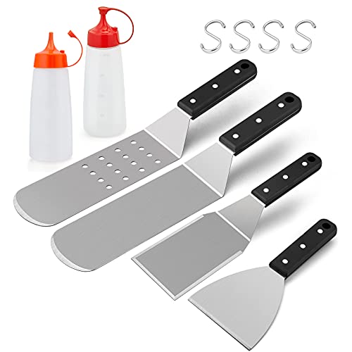 HaSteeL Griddle Accessories, 6-Piece Metal Spatula Set Stainless Steel with Riveted Handle for BBQ Flat Top Grill, Pancake Flipper/Griddle Scraper/Hamburger Turner - Dishwasher Safe