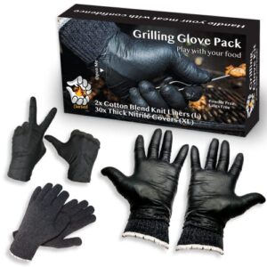 charbasil grilling glove pack – 30 nitrile gloves – 2 cotton liners – disposable black bbq gift – washable heat-resistant liner – holiday birthday present – charcoal wood gas cooking smoking meat