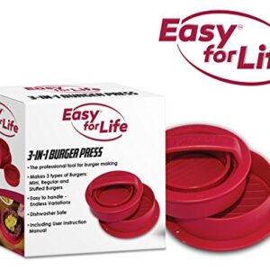 Easy for Life Stuffed Burger Press Kit 3 in 1 - Exclusive Red Color with 20 Free Wax Patty Papers, Non Stick Hamburger Maker, Homemade Patties & Sliders, Patty Molds, Veggie Hamburger Press Shaper