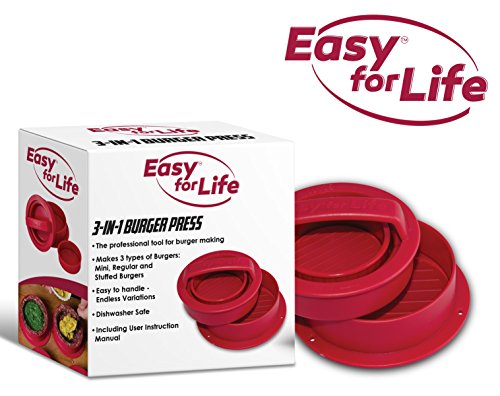 Easy for Life Stuffed Burger Press Kit 3 in 1 - Exclusive Red Color with 20 Free Wax Patty Papers, Non Stick Hamburger Maker, Homemade Patties & Sliders, Patty Molds, Veggie Hamburger Press Shaper