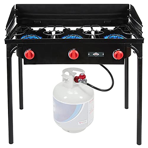 Hike Crew Cast Iron 3-Burner Outdoor Gas Stove | 225,000 BTU Portable Propane-Powered Cooktop with Removable Legs, Temperature Control Knobs, Wind Panels, Hose, Regulator & Storage Carry Case