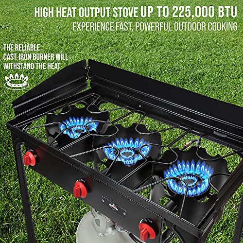 Hike Crew Cast Iron 3-Burner Outdoor Gas Stove | 225,000 BTU Portable Propane-Powered Cooktop with Removable Legs, Temperature Control Knobs, Wind Panels, Hose, Regulator & Storage Carry Case