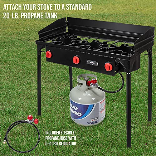 Hike Crew Cast Iron 3-Burner Outdoor Gas Stove | 225,000 BTU Portable Propane-Powered Cooktop with Removable Legs, Temperature Control Knobs, Wind Panels, Hose, Regulator & Storage Carry Case