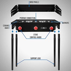 Hike Crew Cast Iron 3-Burner Outdoor Gas Stove | 225,000 BTU Portable Propane-Powered Cooktop with Removable Legs, Temperature Control Knobs, Wind Panels, Hose, Regulator & Storage Carry Case