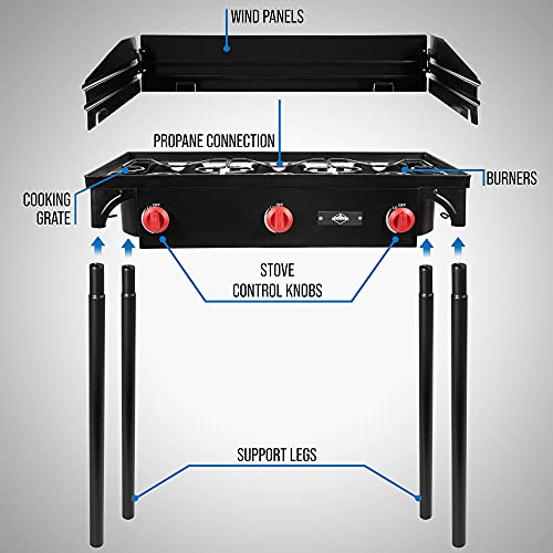 Hike Crew Cast Iron 3-Burner Outdoor Gas Stove | 225,000 BTU Portable Propane-Powered Cooktop with Removable Legs, Temperature Control Knobs, Wind Panels, Hose, Regulator & Storage Carry Case