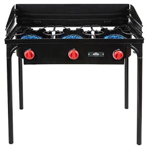 Hike Crew Cast Iron 3-Burner Outdoor Gas Stove | 225,000 BTU Portable Propane-Powered Cooktop with Removable Legs, Temperature Control Knobs, Wind Panels, Hose, Regulator & Storage Carry Case