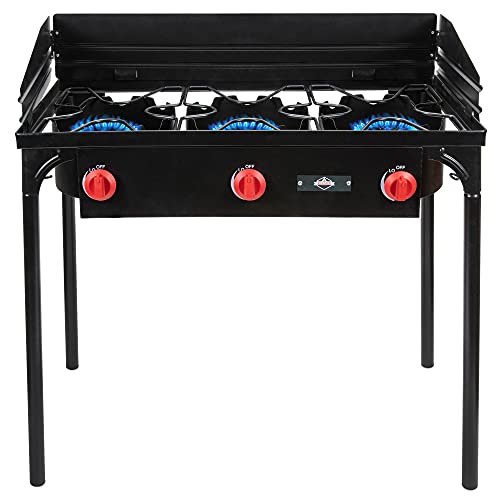 Hike Crew Cast Iron 3-Burner Outdoor Gas Stove | 225,000 BTU Portable Propane-Powered Cooktop with Removable Legs, Temperature Control Knobs, Wind Panels, Hose, Regulator & Storage Carry Case