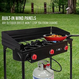 Hike Crew Cast Iron 3-Burner Outdoor Gas Stove | 225,000 BTU Portable Propane-Powered Cooktop with Removable Legs, Temperature Control Knobs, Wind Panels, Hose, Regulator & Storage Carry Case