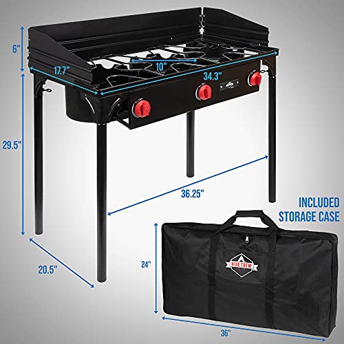 Hike Crew Cast Iron 3-Burner Outdoor Gas Stove | 225,000 BTU Portable Propane-Powered Cooktop with Removable Legs, Temperature Control Knobs, Wind Panels, Hose, Regulator & Storage Carry Case