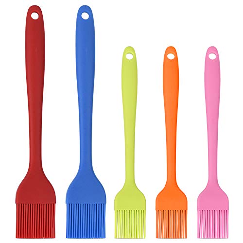 Hhyn Silicone Basting Pastry Brush Set 5 Pack Heat Resistant Spread Oil Butter Sauce for BBQ Grill Barbeque Kitchen Baking Cooking Pastries, 2 Large & 3 Small Multicolor