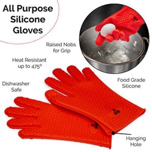 AMZ BBQ CLUB, BBQ Gloves and Metal Meat Claw Accessories with Heat-Resistant Silicone Glove and Meat Shredder (Red)