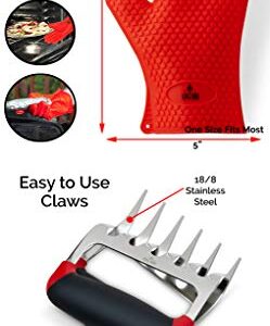 AMZ BBQ CLUB, BBQ Gloves and Metal Meat Claw Accessories with Heat-Resistant Silicone Glove and Meat Shredder (Red)