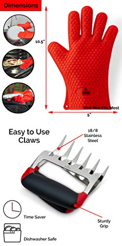 AMZ BBQ CLUB, BBQ Gloves and Metal Meat Claw Accessories with Heat-Resistant Silicone Glove and Meat Shredder (Red)