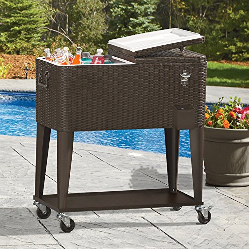 80 Quart Qt Rolling Cooler Ice Chest Beverage Cart, Dark Brown Wicker Faux Rattan Ice Tub Trolley, Portable Outdoor Backyard Patio Deck Party Drink Beverage Bar, Wheels with Shelf & Bottle Opener