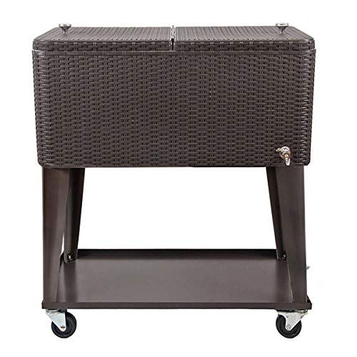 80 Quart Qt Rolling Cooler Ice Chest Beverage Cart, Dark Brown Wicker Faux Rattan Ice Tub Trolley, Portable Outdoor Backyard Patio Deck Party Drink Beverage Bar, Wheels with Shelf & Bottle Opener