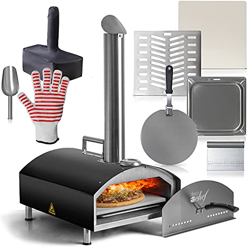 Deco Chef Outdoor Pizza Oven with 2-in-1 Pizza and Grill Oven Functionality, 13" Pizza Stone, Portable 3-Layer Stainless Steel Construction, Pizza Peel, Dough Scraper, Scoop, Slotted Grill (Black)