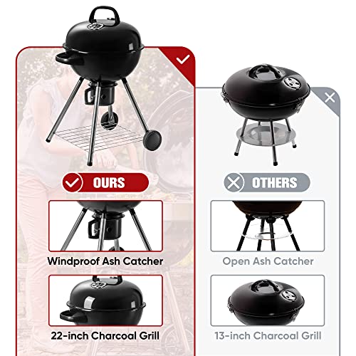 Rankok 22-Inch Premium Kettle Charcoal Grill Outdoor Barbeque Grill & Smokers Portable Trolley BBQ Grill with Wheels Adjustable Ash Catcher Bakeware Clips Thermometer for Cooking Camping Patio Garden