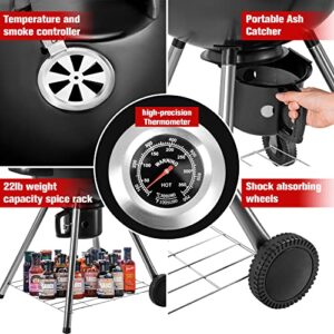 Rankok 22-Inch Premium Kettle Charcoal Grill Outdoor Barbeque Grill & Smokers Portable Trolley BBQ Grill with Wheels Adjustable Ash Catcher Bakeware Clips Thermometer for Cooking Camping Patio Garden