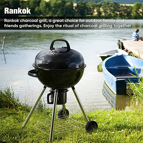 Rankok 22-Inch Premium Kettle Charcoal Grill Outdoor Barbeque Grill & Smokers Portable Trolley BBQ Grill with Wheels Adjustable Ash Catcher Bakeware Clips Thermometer for Cooking Camping Patio Garden