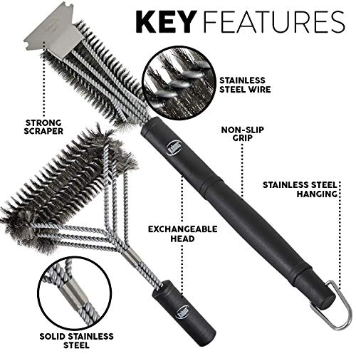 Kaluns Grill Brush for Outdoor Grill 2 Pack, BBQ Grill Brush for Grill Cleaning, Grill Scraper Set Includes Two Brush Heads and one Removable 18" Long Handle, Stainless Steel Durable Wire Bristles