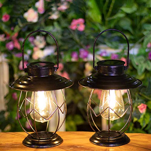 Twinkya 2 Pack Solar Lanterns Outdoor Hanging Solar Lights Decoration with Waterproof Warm Light Bulb for Patio Garden Pathway Yard Table Decor