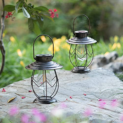 Twinkya 2 Pack Solar Lanterns Outdoor Hanging Solar Lights Decoration with Waterproof Warm Light Bulb for Patio Garden Pathway Yard Table Decor