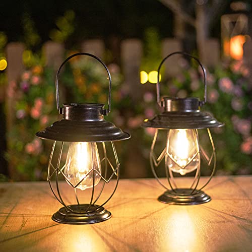 Twinkya 2 Pack Solar Lanterns Outdoor Hanging Solar Lights Decoration with Waterproof Warm Light Bulb for Patio Garden Pathway Yard Table Decor