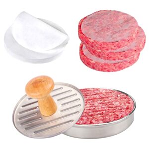mepple burger press with non-stick 100 patty papers, hamburger press patty maker with wooden handle, burger mold for hamburger meat veggie bbq, barbecue grilling accessories and kitchen tool, 5” dia