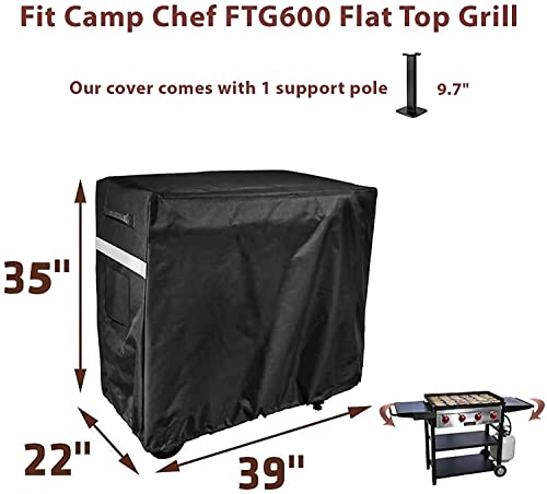 QuliMetal Griddle Cover for Camp Chef 4-Burner Griddle and Camp Chef FTG600 Flat Top Grills with Support Pole to Prevent Water Leaking, Weather Resistant & Waterproof, 600D Heavy Duty