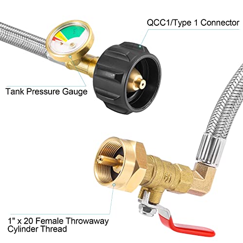 Catilon Propane Refill Adapter Hose with Gauge, Upgraded 36" Stainless Braided QCC1 Type Inlet, 3FT Propane Tank Refill Adapter Extension Hose for 1LB Propane Gas Tank