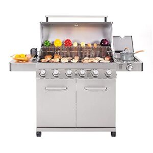 Monument Grills 77352 6-Burner Stainless Steel Cabinet Style Propane Gas Grill with LED Controls, Side Burner, Built in Thermometer, and Rotisserie Kit