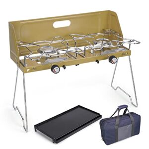kalaww car-camp stove folding 2 burner propane camping stove & grill griddle,outdoor grills/gas grills/propane grills, butane fuel adapter and carrying case included