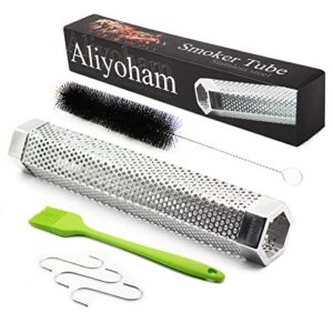 pellet smoker tube, aliyoham 12'' stainless steel bbq smoke tube, hot/cold smoking for all charcoal, electric, gas grills(with 3 s shape hooks,1 cleaning brush, 1 silicone brush)