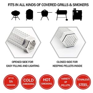 Pellet Smoker Tube, Aliyoham 12'' Stainless Steel BBQ Smoke Tube, Hot/Cold Smoking for All Charcoal, Electric, Gas Grills(with 3 S Shape Hooks,1 Cleaning Brush, 1 Silicone Brush)