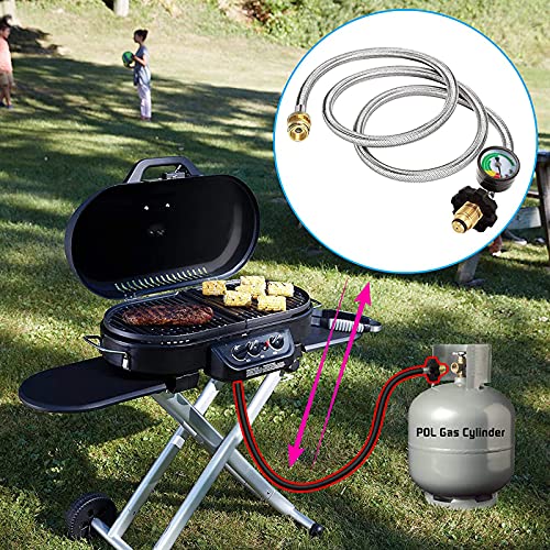 MOFLAME 1 lb. to 20 lbs. Propane Adapter Hose Conveter With Fuel Gauge,6FT Stainless Braided Propane Hose Adapter Converter 1 lb Protable Appliance.Heater.Camping Stove to 5-100lb POL LP Tank.