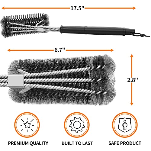 NEXCOVER BBQ Grill Brush – 18” Barbecue Cleaning Brush, Stainless Steel Grill Grate Cleaner, Safe Wire Scrubber, 3 in 1 Bristles BBQ Brush, Triple-Headed BBQ Tools, Grill Accessories for Grill Grates