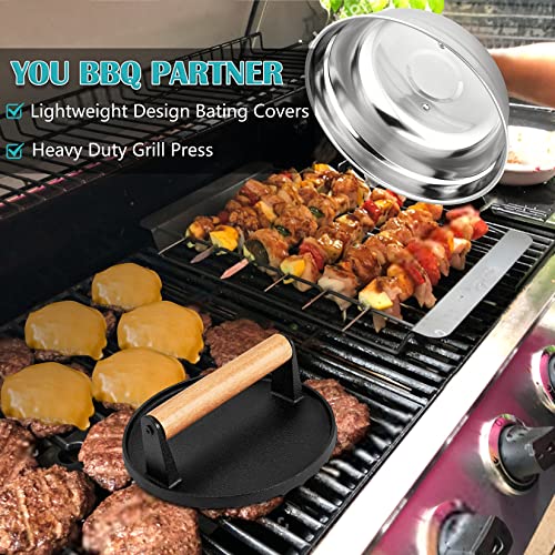 9 Inch Cheese Melting Dome & Grill Press Kit, Joyfair Stainless Steel Griddle Basting Cover with Cast Iron Burger Press for Grilling Patty, Outdoor Camping/Flat Top Teppanyaki, Dishwasher Safe